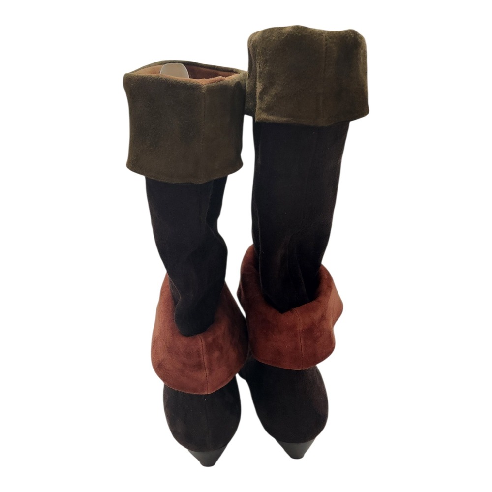 Phyllis Poland Brown Suede Tri-Color Tall Boots Made in‎ Italy 9 B Kitten Heel - Picture 3 of 6